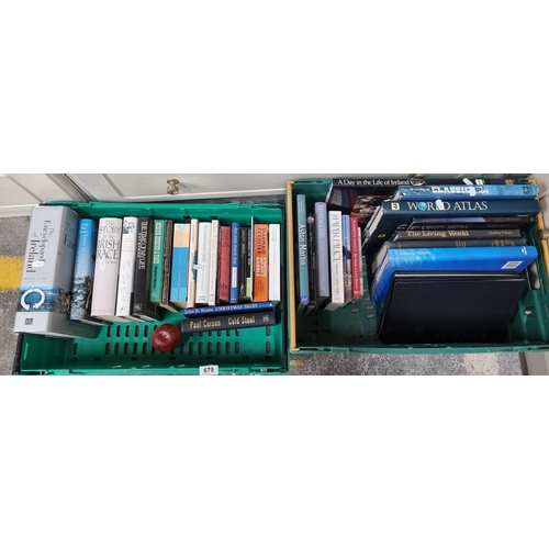 679 - Two crates containing a large impressive collection of books from an array of different genres. Inc ... 