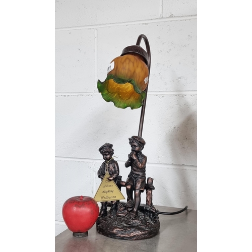 701 - A charming cast figurine table lamp with green and mustard glass shade. From  the Juliana Lighting C... 