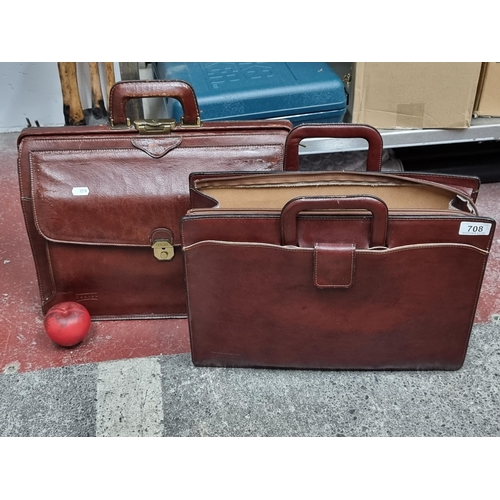 708 - Two high quality French leather Texier briefcases. Leather lined and with one including a brass top ... 