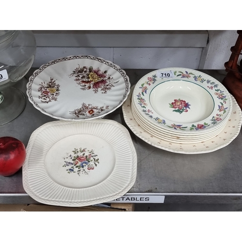 710 - A set of 6 Wedgewood soup bowls from the Wedgwood Colonial series along with a sandwich plate, a lar... 