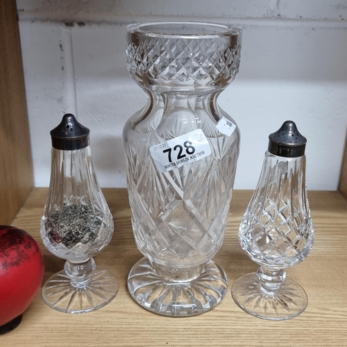 728 - Three Waterford Crystal items including a vase and a pair of salt & pepper shakers with silver plate... 