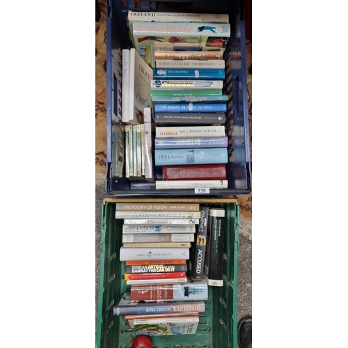 735 - Two crates filled with a large variety of books of mixed interest including titles such as 