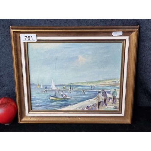 761 - A charming original Dan Rainey oil on board painting showing a coastal landscape scene populated by ... 