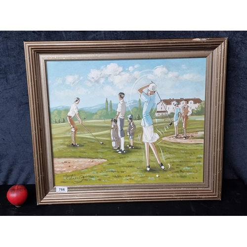 766 - A delightful original acrylic on board painting featuring a golfing scene from the early 20th centur... 