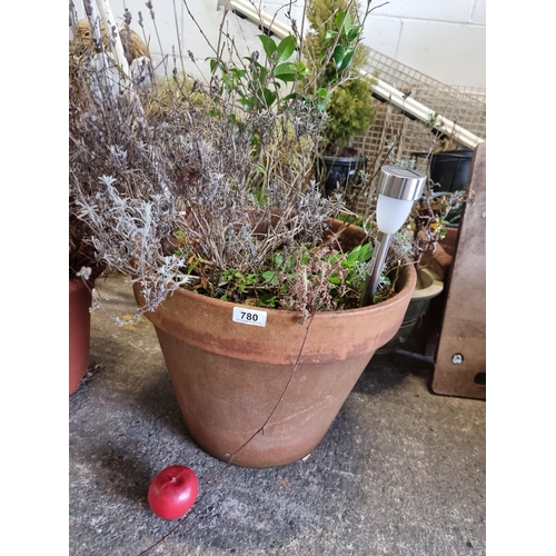 780 - A large and heavy terracotta planter currently holding a mature lavender plant, still holding its sw... 