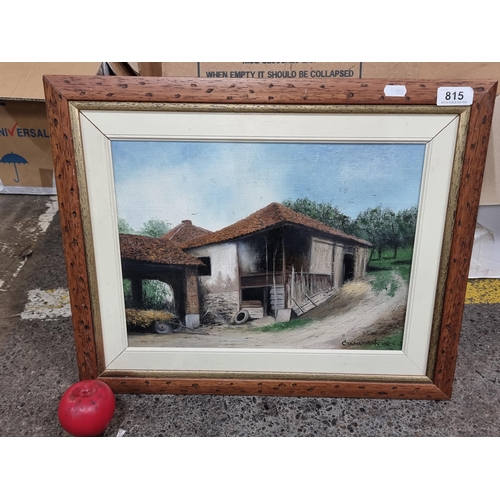 815 - A charming oil on canvas painting depicting a countryside farm scene with a shed to centre and orcha... 