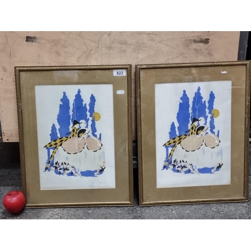 822 - A pair of vintage original screen prints on fabric, featuring harlequin style figures in a refined p... 