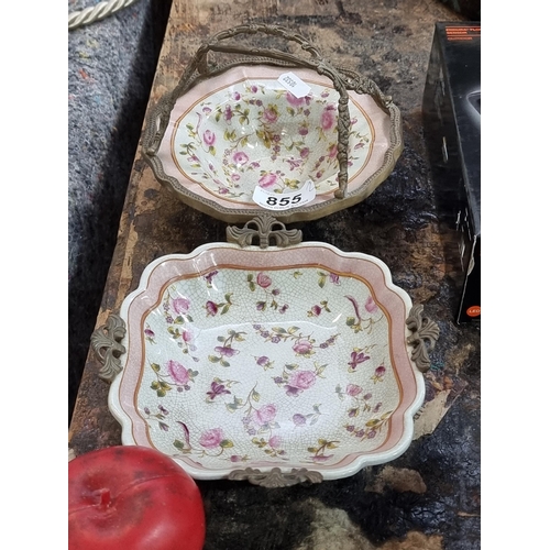 855 - Two dainty vintage porcelain dishes featuring brass additions and decorated in delicate floral patte... 