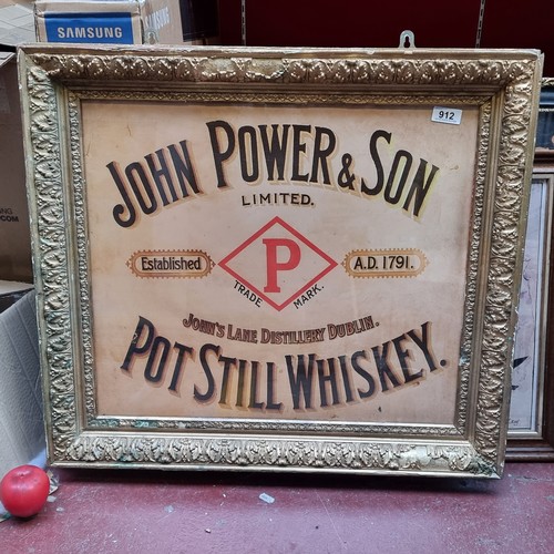 912 - A large John Power & Son Pot Still Whiskey advertising print held in a highly detailed gilt gold fra... 