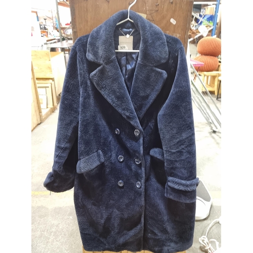 920 - Elegant navy-blue faux fur coat from Rino & Pelle, double-breasted with plush texture, evoking class... 