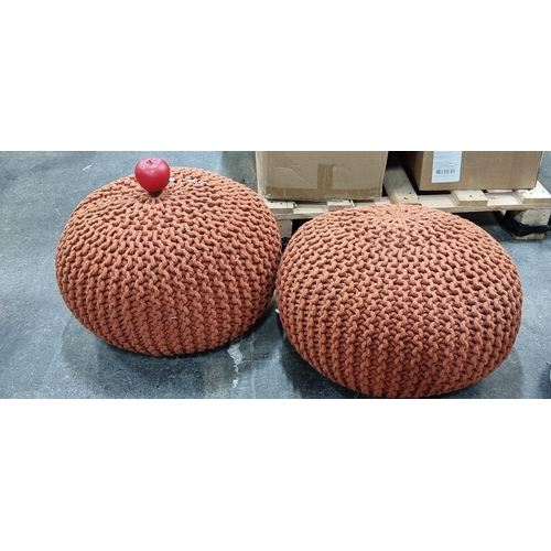 933 - A pair of vibrant woven stools. In a terracotta hue, cozy addition to any home decor.