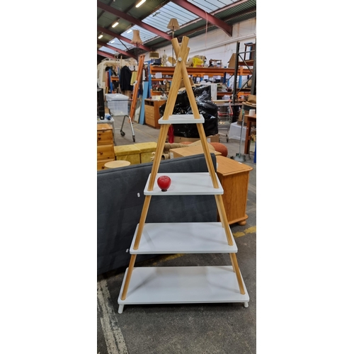 938 - Modern ladder-style display shelf with light wood frame and 4 white shelves.