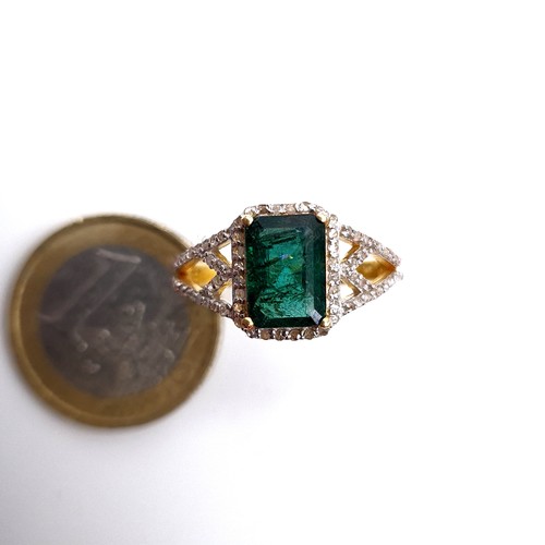 502 - Star Lot : An attractive Natural large emerald  3.17cts ring with lattice cut diamond 1.2cts mount, ... 