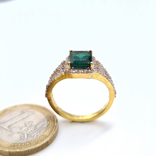 502 - Star Lot : An attractive Natural large emerald  3.17cts ring with lattice cut diamond 1.2cts mount, ... 