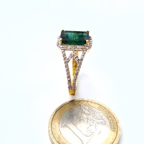 502 - Star Lot : An attractive Natural large emerald  3.17cts ring with lattice cut diamond 1.2cts mount, ... 