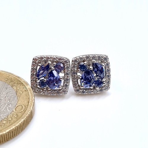 534 - A most attractive pair of tazanite stone stud earrings set in sterling silver with gem stone surroun... 