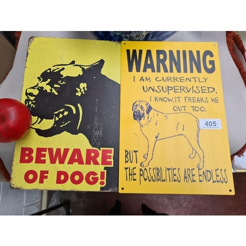 405 - Vibrant dog warning signs, comedic spin on classic style for collectors of quirky decor.