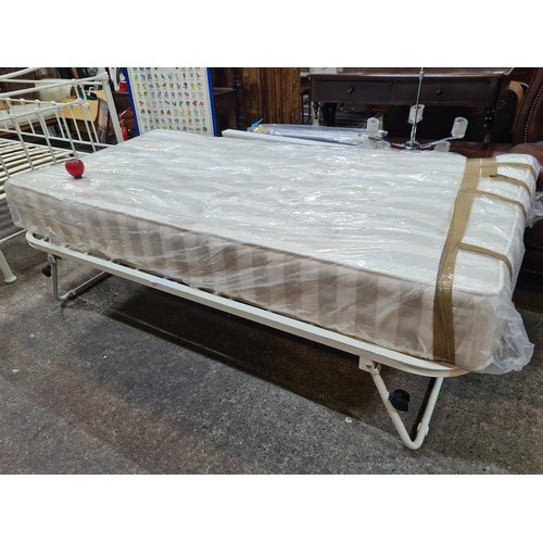 915 - A foldable metal single foldable bed frame accompanied by a single Warren Evans mattress (L185cm x W... 