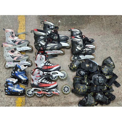 479 - Four pairs of roller blades and 1 pair of ice skates with knee pads. Roller blades in sizes EU 38, 3... 