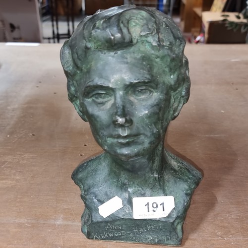 191 - Star Lot : A heavy hollow bronze bust depicting Ann Kirkwood-Hackett 1912-1974. With a jade green pa... 