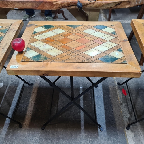 1007 - A stylish fold out breakfast table with a fabulous stained top in a geometric pattern in shades of g... 