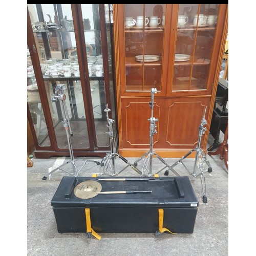 593 - A high quality Hardcase 40 travel case featuring various drum stands including 2 from Pearl. .