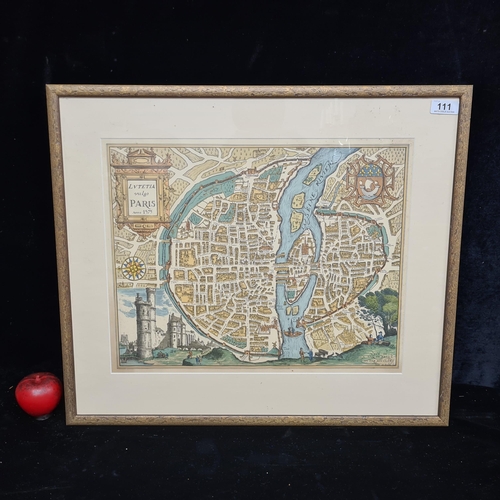 111 - A vintage print of a medieval map of Paris originally dating to 1575. Lovely detail of the old walle... 