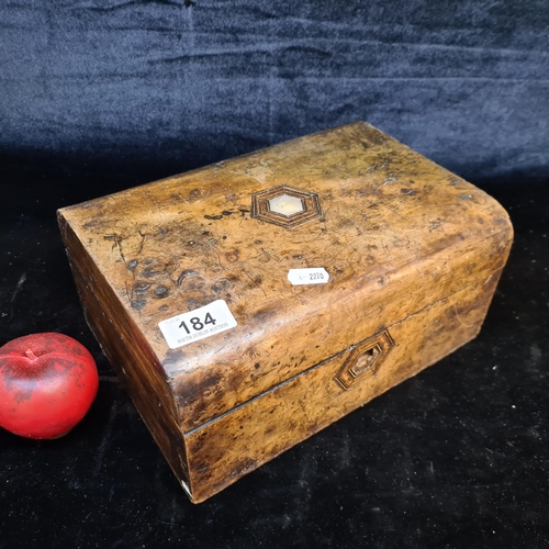 184 - A charming vintage wooden jewellery box with mother of pearl detailing and a burr walnut finish to t... 