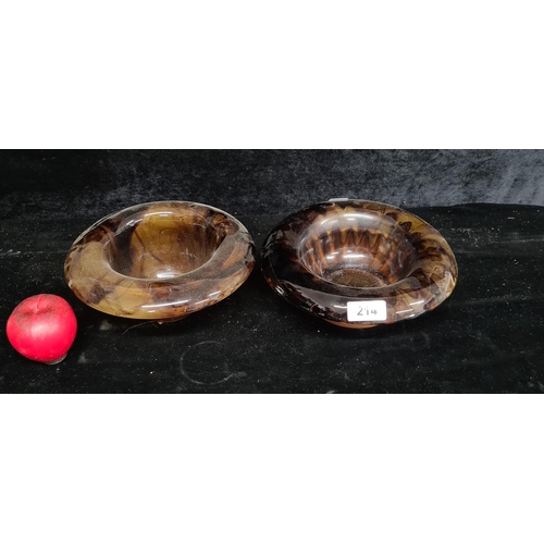 214 - A duo of gorgeous Art Deco George Davidson amber rolled rim fruit bowls. Davidson created his recogn... 