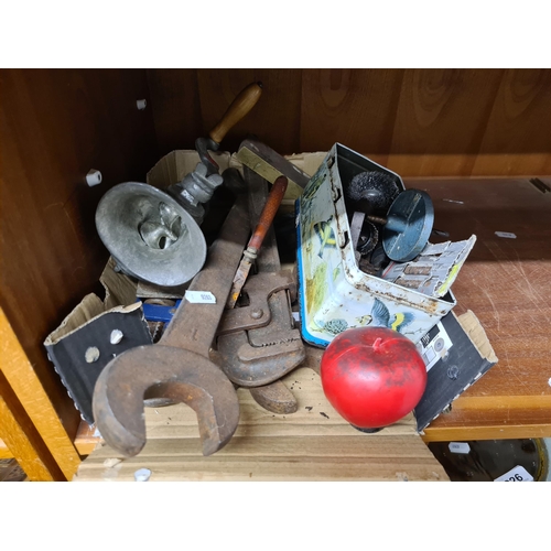 219 - A fantastic collection of vintage tools, drill bits, hole saws and an antique  mincer.