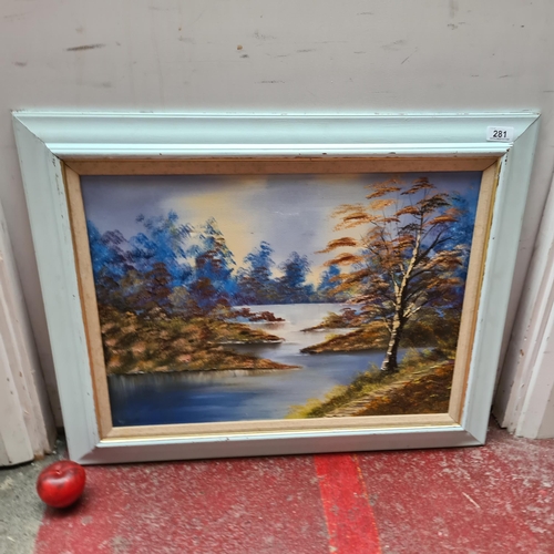 281 - A large vintage American style oil on canvas painting featuring a landscape scene of a lush lake lin... 