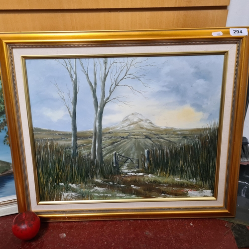 294 - An original oil on canvas painting titled 'Snow on Slemish' by F. James Grimes. Features the titular... 