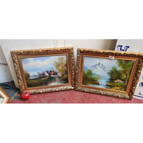 295 - A pair of original oil on canvas landscape paintings featuring mountainous homestead scenes. Both we... 