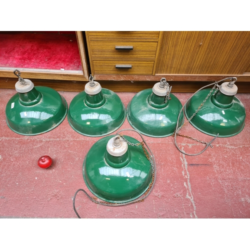 310 - Star Lot : A set of 5 fabulous vintage green enameled industrial factory pendant lights. All with Ga... 