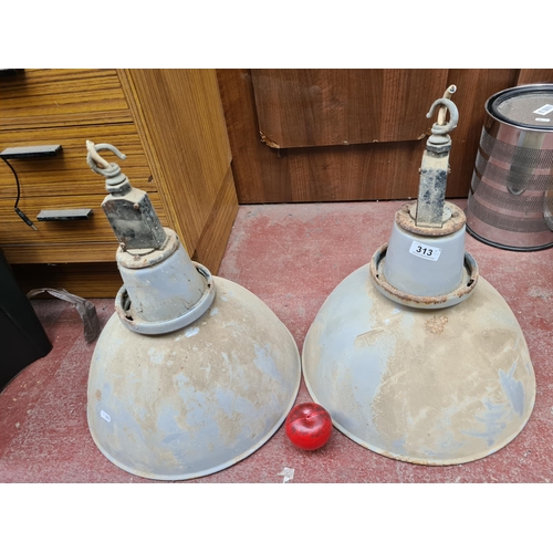 313 - A pair of large vintage grey enameled industrial factory pendant lights. With galleries, take a sing... 