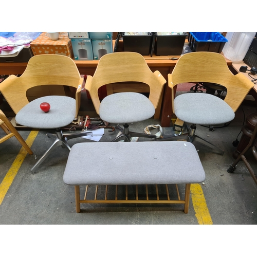 369 - Star Lot : A set of 3 Fjallberget chairs with swivel seats and adjustable height. Seat upholstered i... 