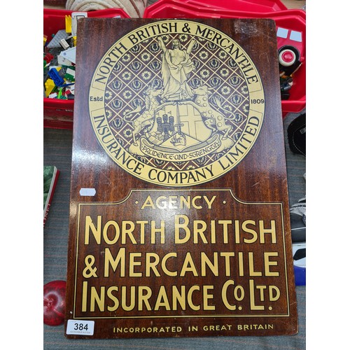 384 - A super 1950's black and gilt printed wooden sign for North British & Mercantile Insurance Company L... 