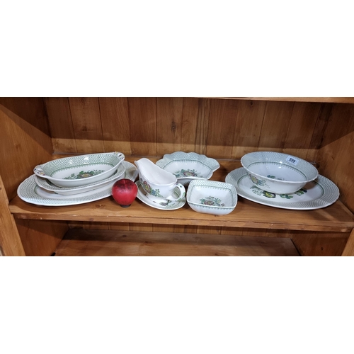 599 - 9 pieces of Mason Ironstone pottery in the Paynsley pattern. Includes serving platters, serving dish... 