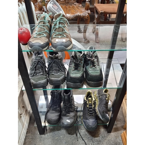 600 - Five pairs of outdoor walking shoes including a pair of size 49 Asics, size EU 47 Columbia boots, si... 