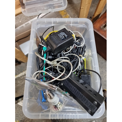 611 - A box containing a large selection of electrical cables and chargers etc.