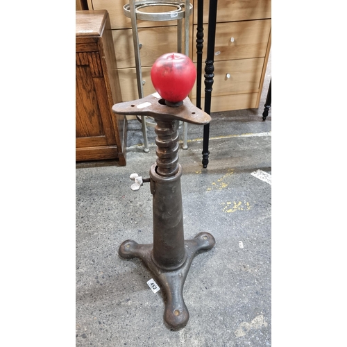 614 - A heavy antique cast iron industrial stool base with height adjustable screw. Very heavy super item.