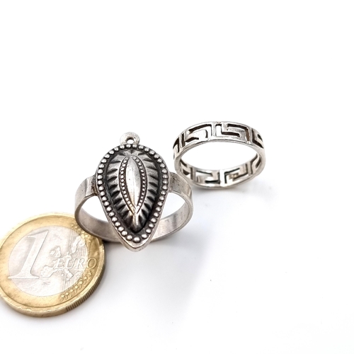 673 - Two Egyptian style Sterling silver rings, sizes M and R, total weight 8 grams.