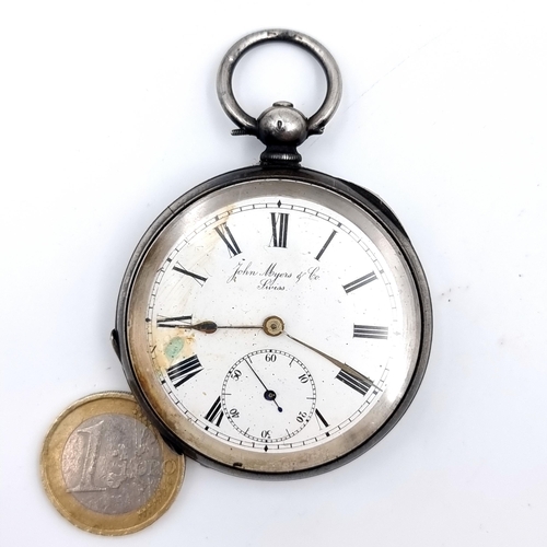 690 - A silver pocket set in britannia silver, made by John Myers, watch has a Swiss made movement, white ... 