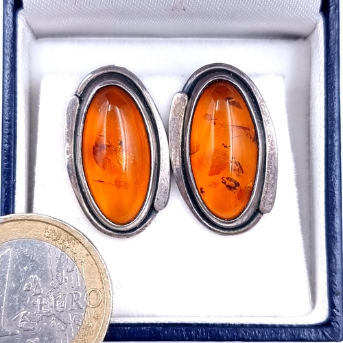 708 - A pair of oval amber earrings set with clasp fittings, length 2.5cm. Lovely rich colour play and inc... 