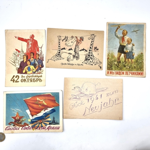 721 - A collection of five original  WW2 Propaganda post cards with correspondents to reverse Including Ru... 