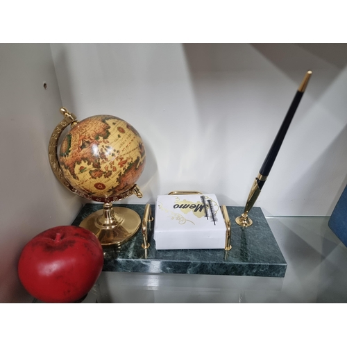 759 - A handsome green granite desktop stationary tray boasting a globe, a pen with holder and notes holde... 