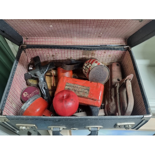 777 - A neat sized vintage case containing a collection of tools including oil cans, a Space Beam torch, c... 