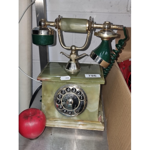 796 - A beautifully toned vintage green Onyx rotary telephone with gilt elements.