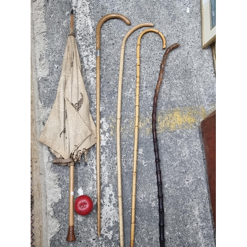 803 - A lovely collection of walking canes including a 1923 Birmingham silver collared example. Lot also i... 