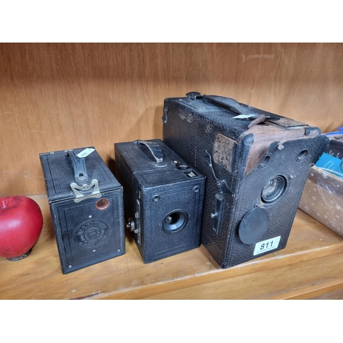 811 - 3 antique and vintage box cameras including an early 20th Century large format example, a No. 2 Koda... 